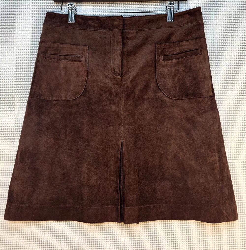 Lilly Pulitzer Brown Washable Pig Suede Leather Skirt Sz 10 Front Slit Pockets
